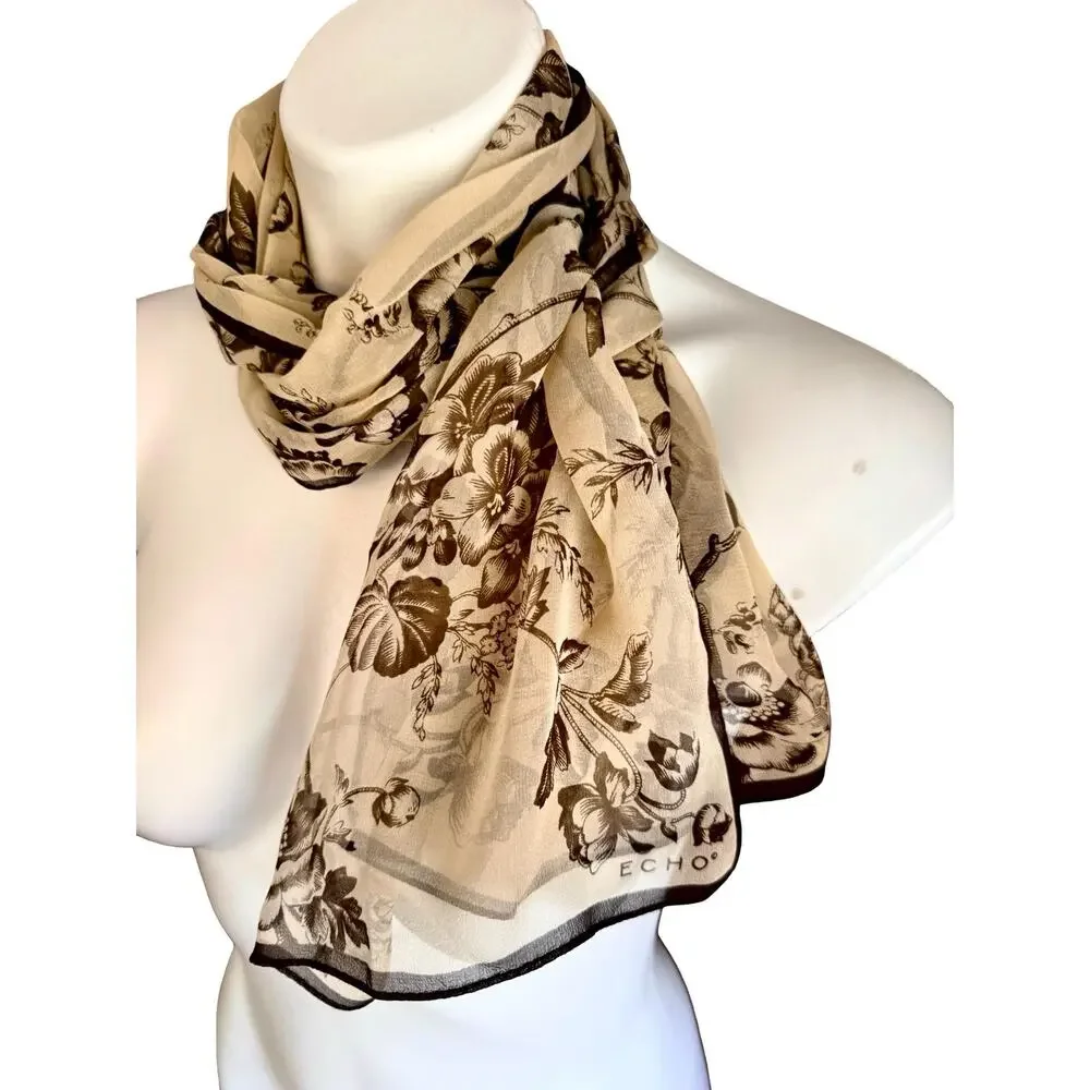 Vintage Echo Silk Chiffon Floral Toile Scarf Cream Brown Oblong 11x58
